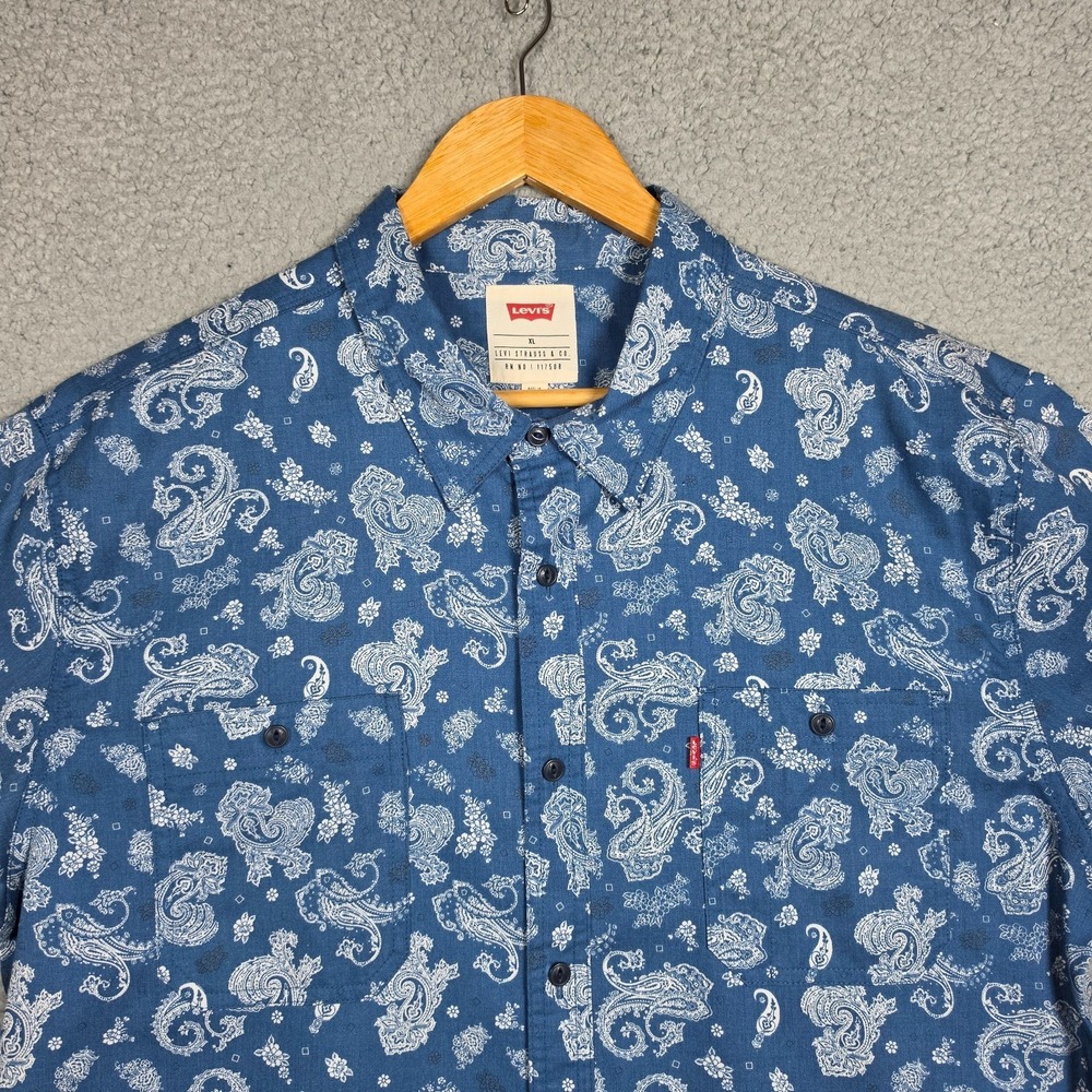 Levis Shirt Mens Size XL Dark Blue Paisely All Over Print Twill Lightweight NEW - Picture 2 of 11